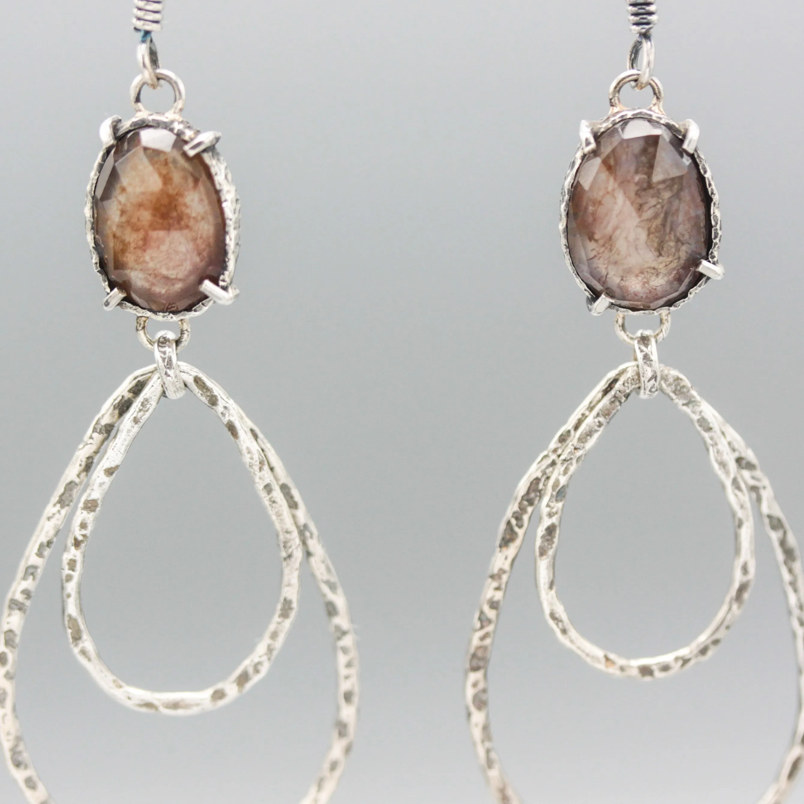Teardrop Moss agate earrings with silver double teardrop loop on oxidized sterling silver hooks