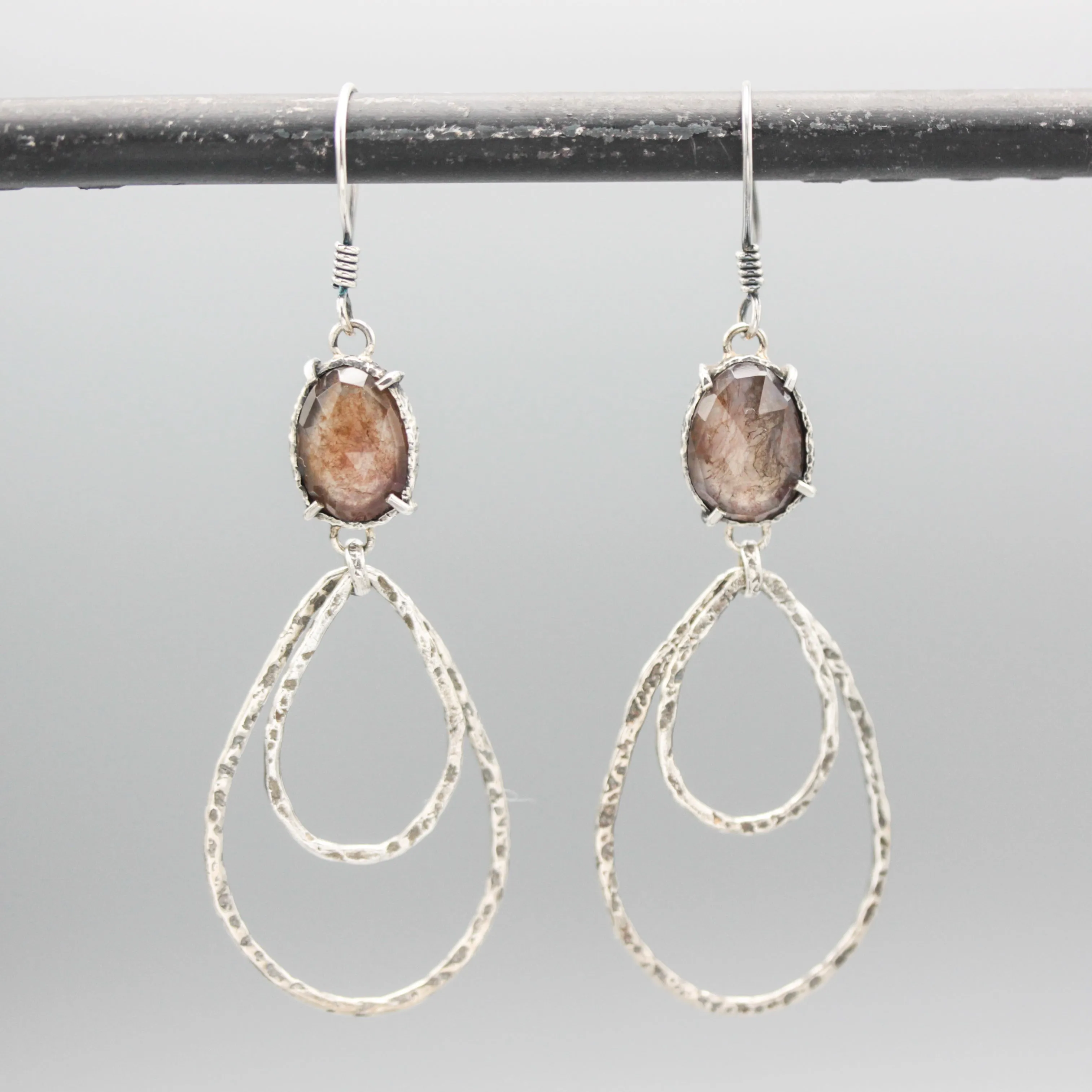 Teardrop Moss agate earrings with silver double teardrop loop on oxidized sterling silver hooks
