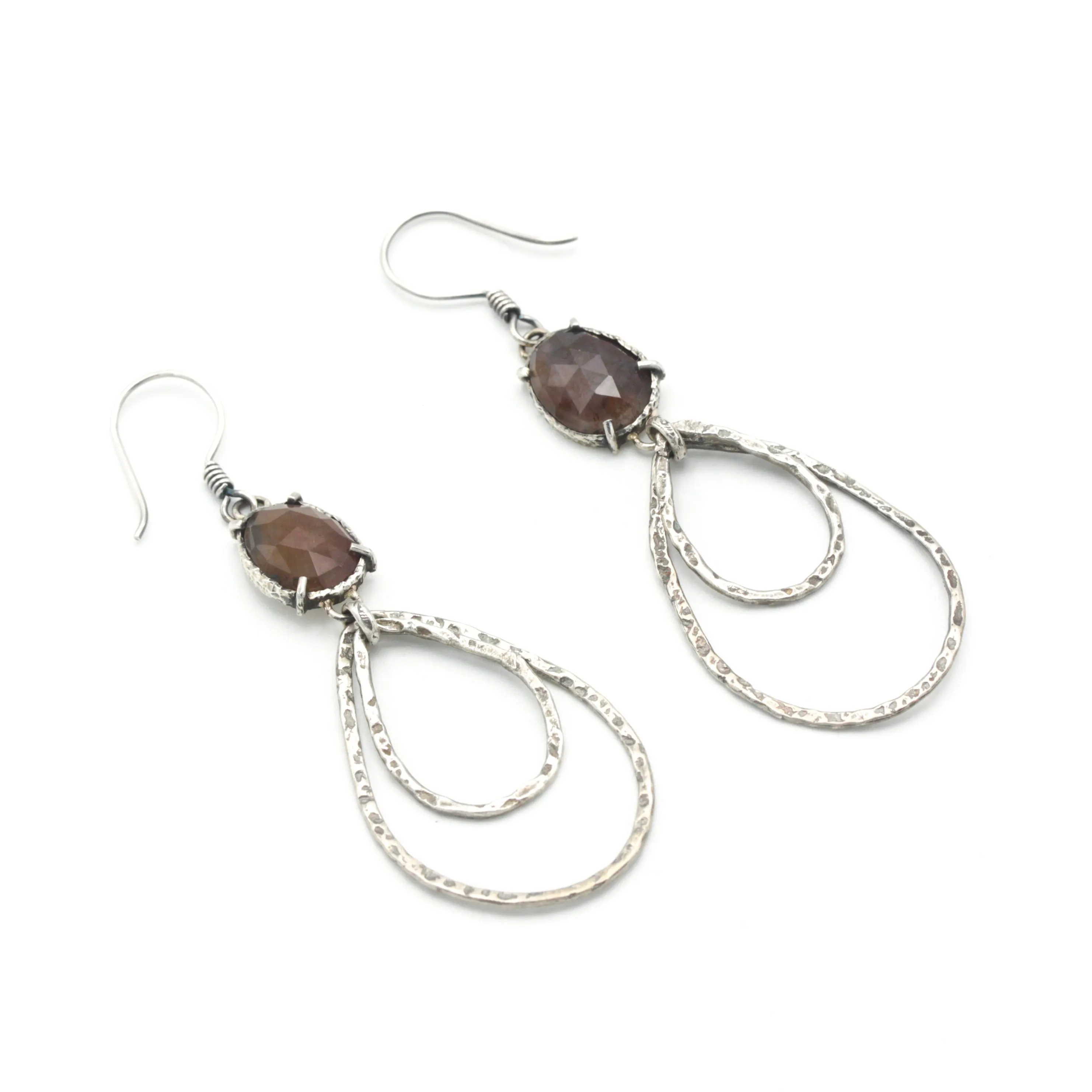 Teardrop Moss agate earrings with silver double teardrop loop on oxidized sterling silver hooks