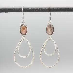 Teardrop Moss agate earrings with silver double teardrop loop on oxidized sterling silver hooks
