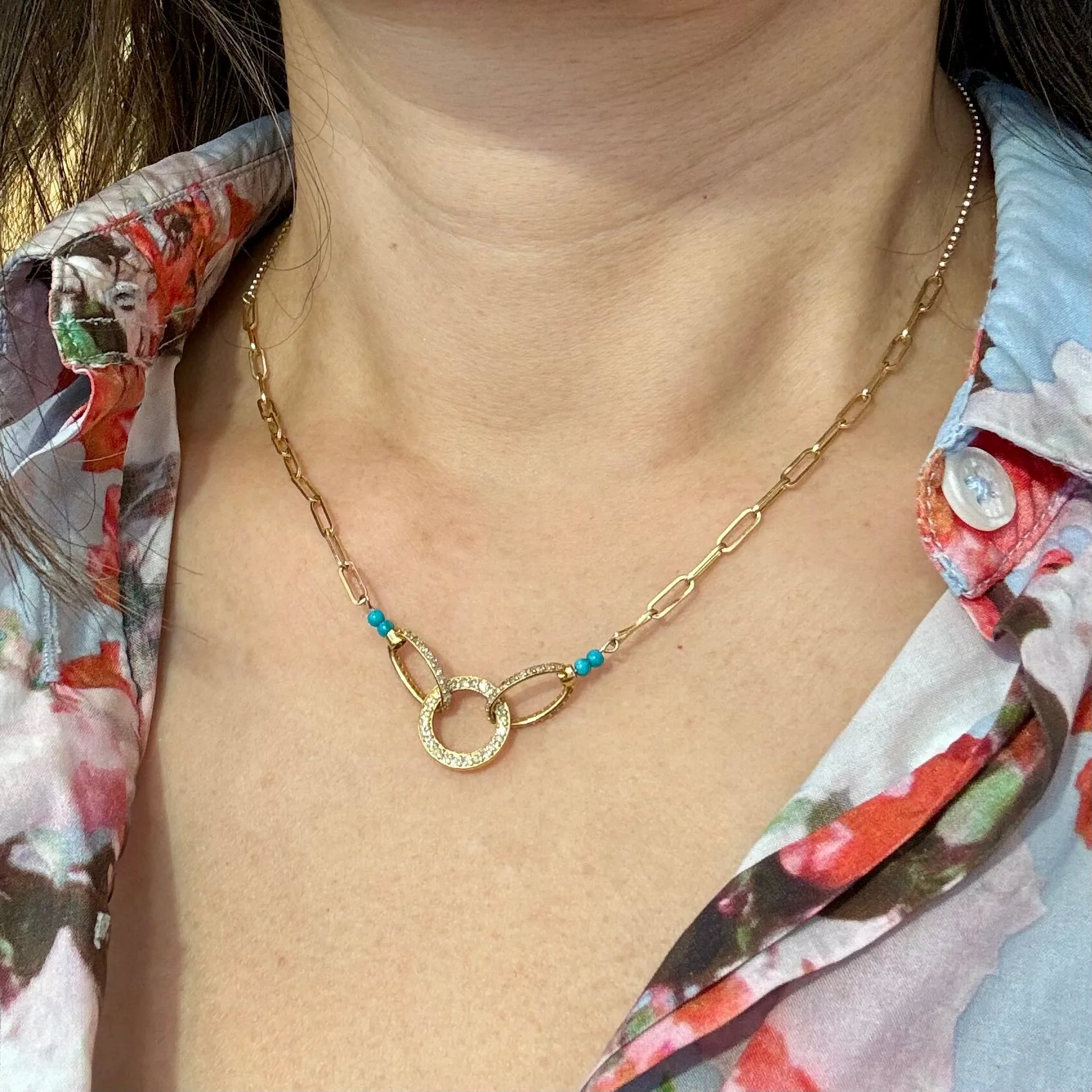 Trio Diamond Ring Turquoise Paperclip Necklace in 14k