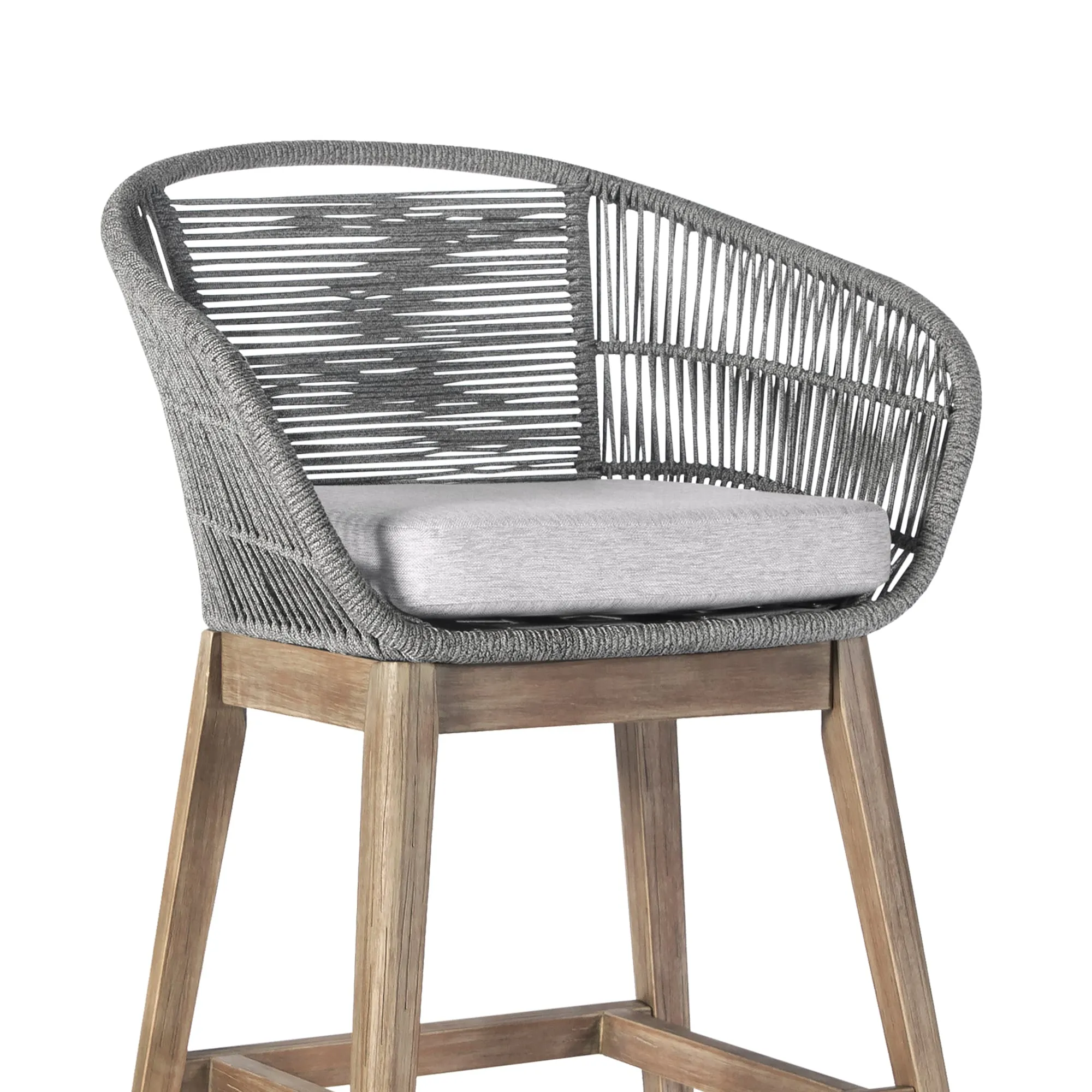 Tutti Frutti Indoor Outdoor Counter Height Bar Stool in Aged Teak Wood with Gray Rope