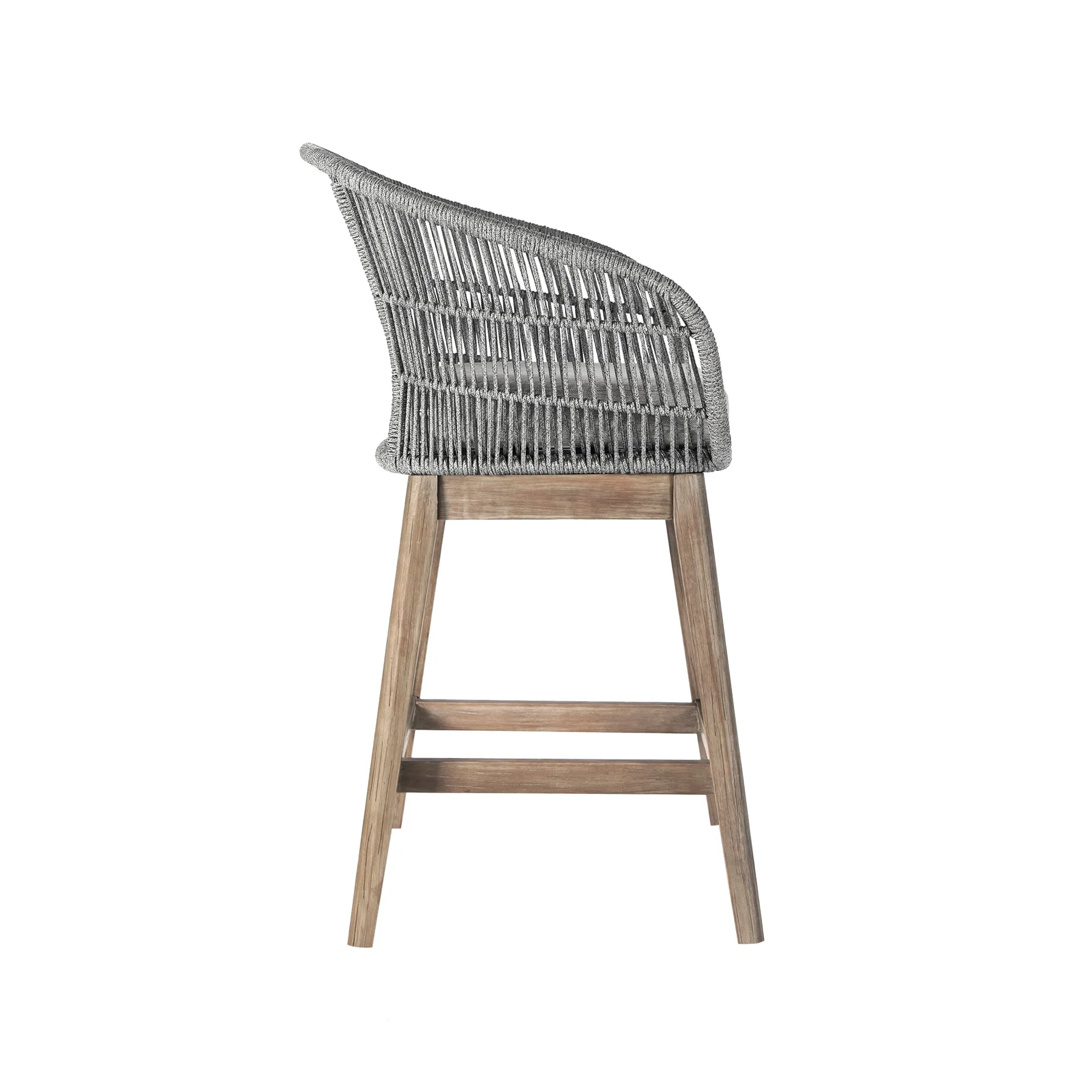 Tutti Frutti Indoor Outdoor Counter Height Bar Stool in Aged Teak Wood with Gray Rope