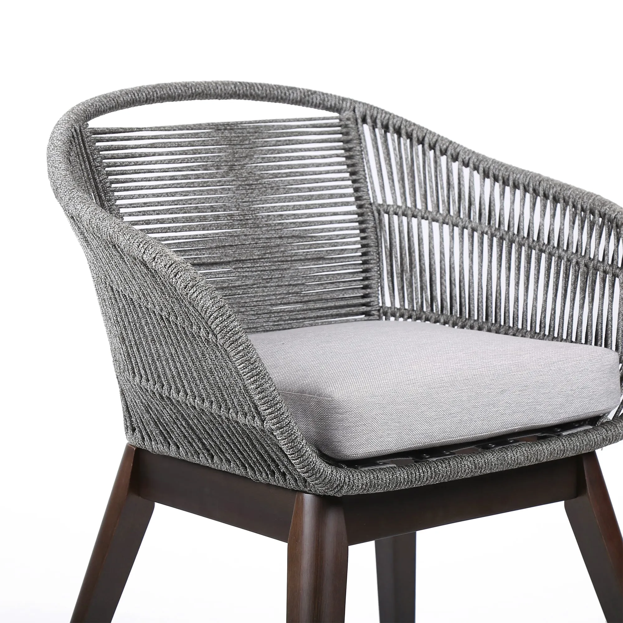 Tutti Frutti Indoor Outdoor Dining Chair in Dark Eucalyptus Wood with Latte Rope and Gray Cushions