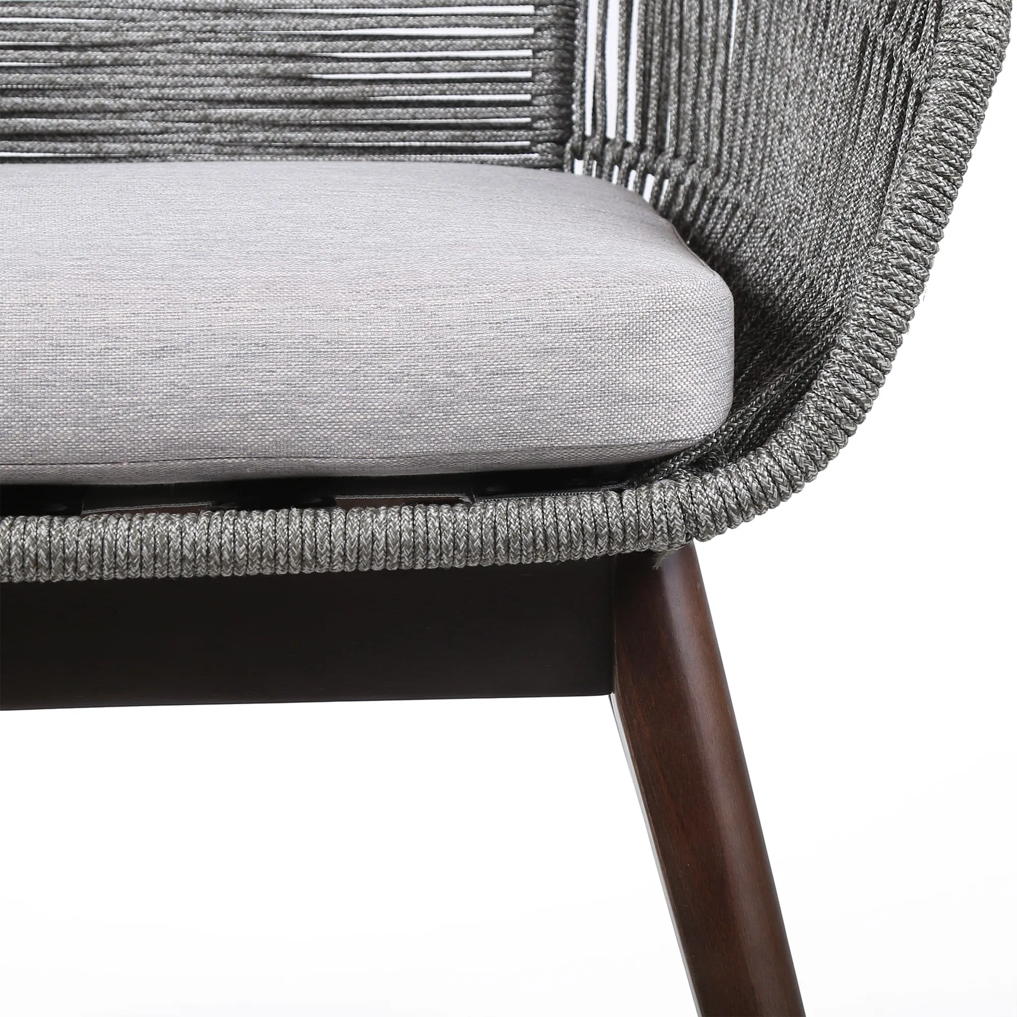 Tutti Frutti Indoor Outdoor Dining Chair in Dark Eucalyptus Wood with Latte Rope and Gray Cushions