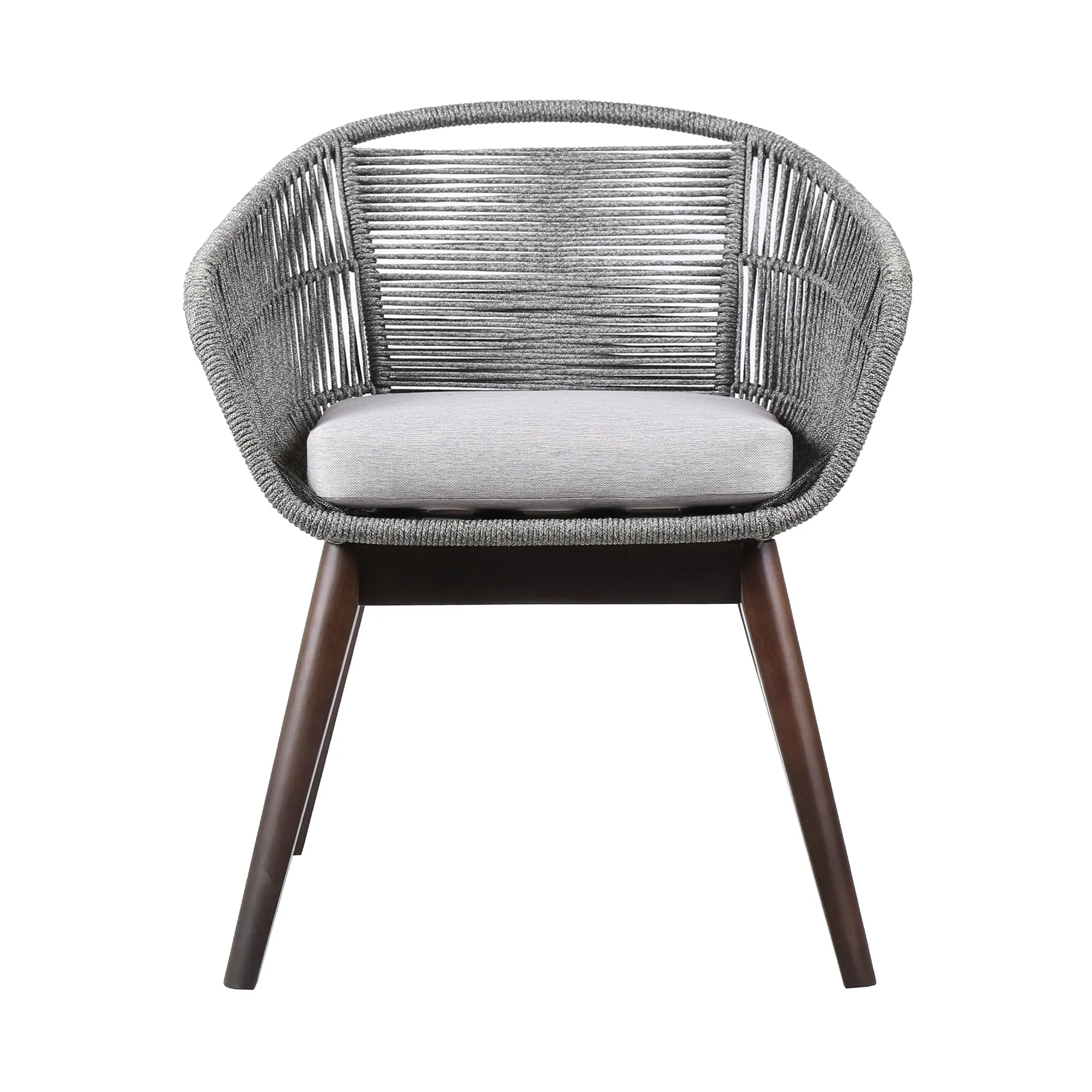 Tutti Frutti Indoor Outdoor Dining Chair in Dark Eucalyptus Wood with Latte Rope and Gray Cushions