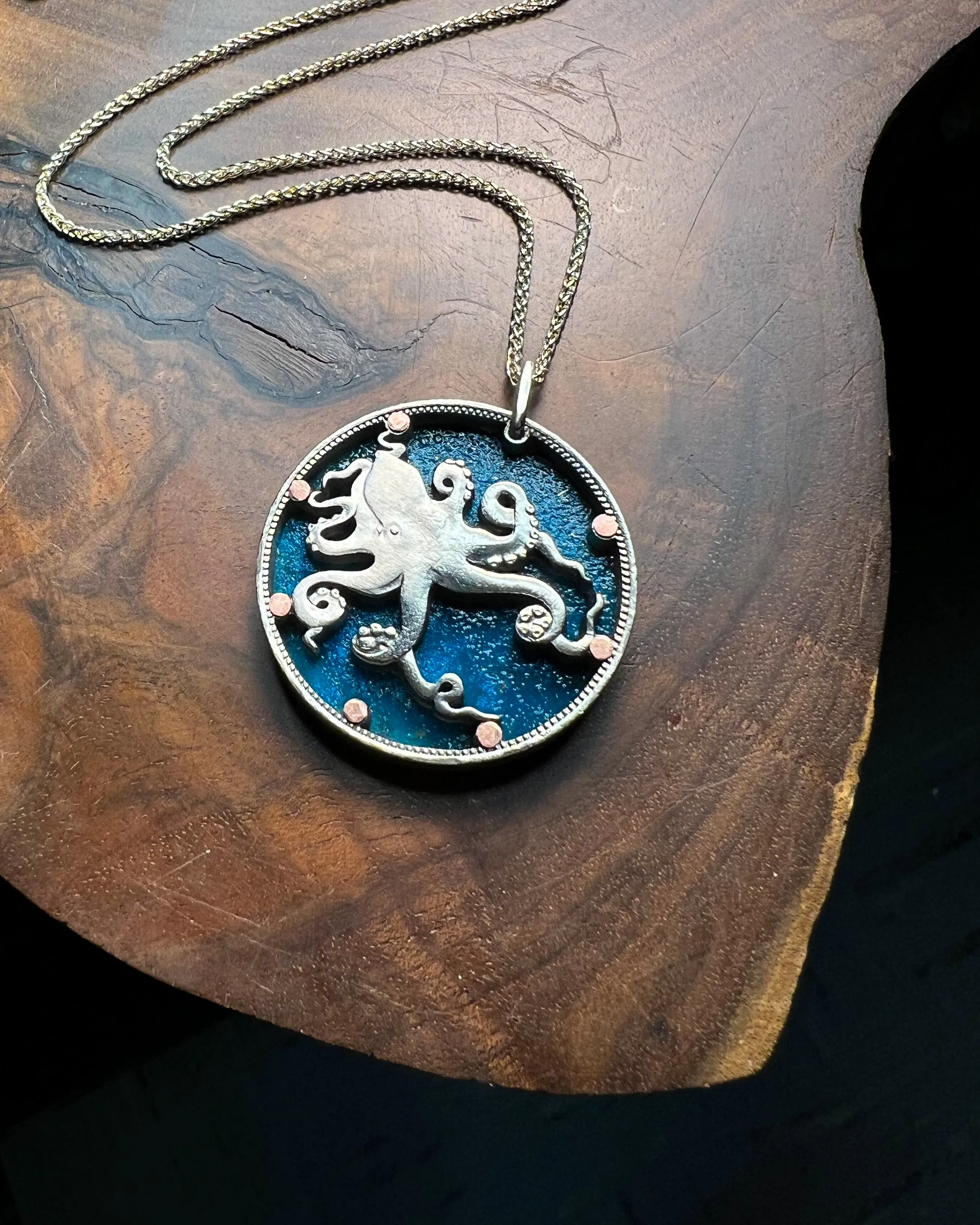 Tuvalu - Octopus Cut Coin Pendant with Blue Background