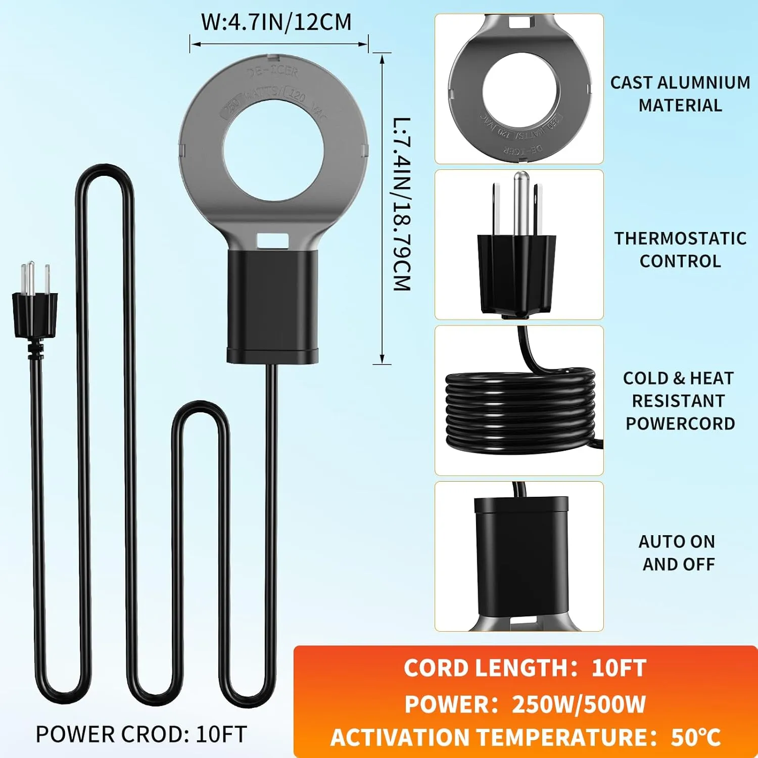 Utility De-Icer Submergible Chicken Water Heater for Farm Livestock Cast 500W