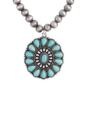 WESTERN CONCHO NATURAL STONE ROUND PENDANT NECKLACE