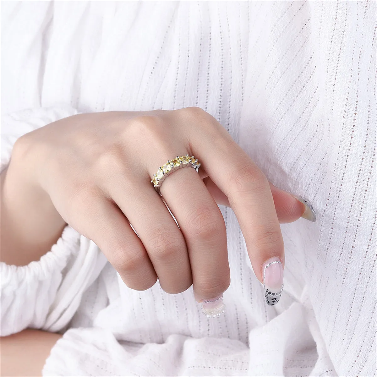 Yellow Crystal & Silver-Plated Adjustable Ring