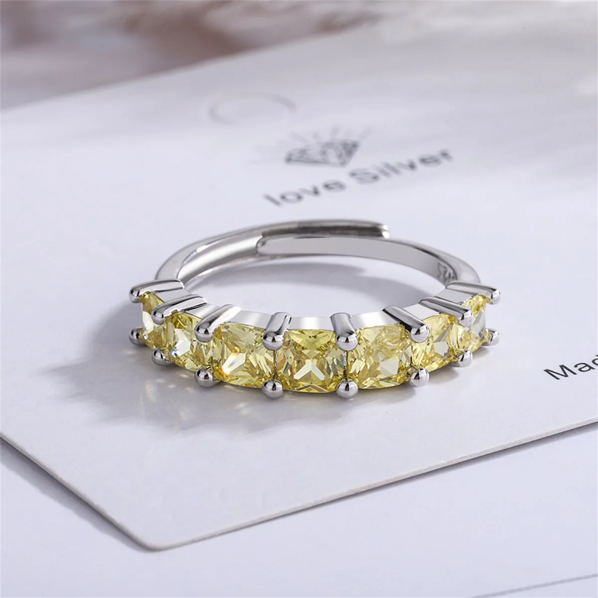 Yellow Crystal & Silver-Plated Adjustable Ring