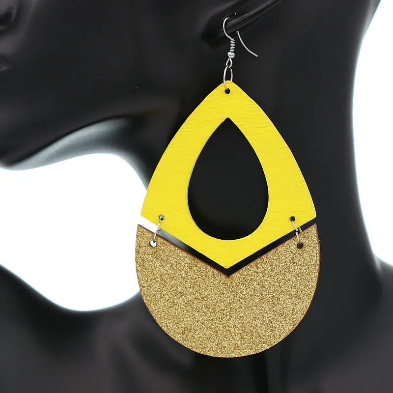 Yellow Glitter Wooden Link Teadrop Earrings