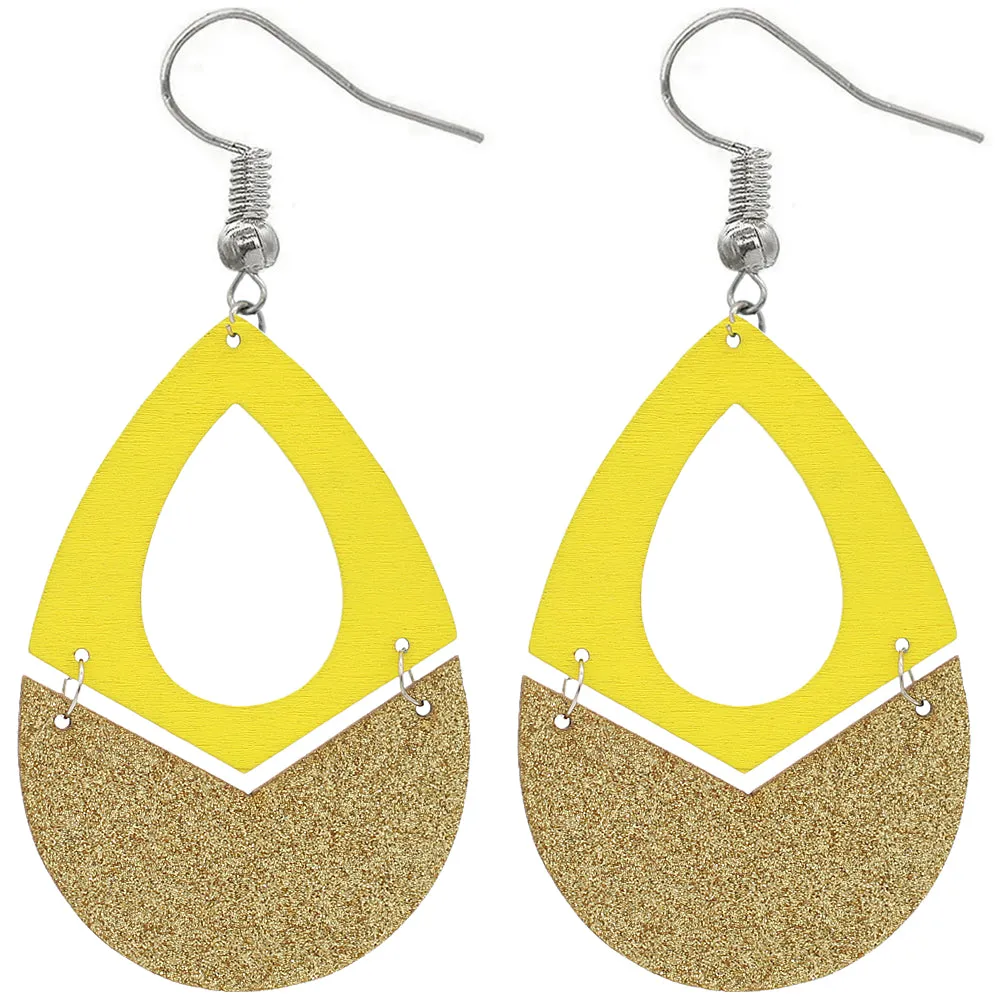 Yellow Glitter Wooden Link Teadrop Earrings